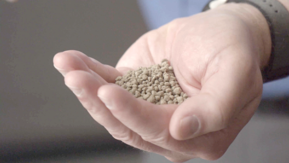 An agronomist's hand holding fertilizer pellets.