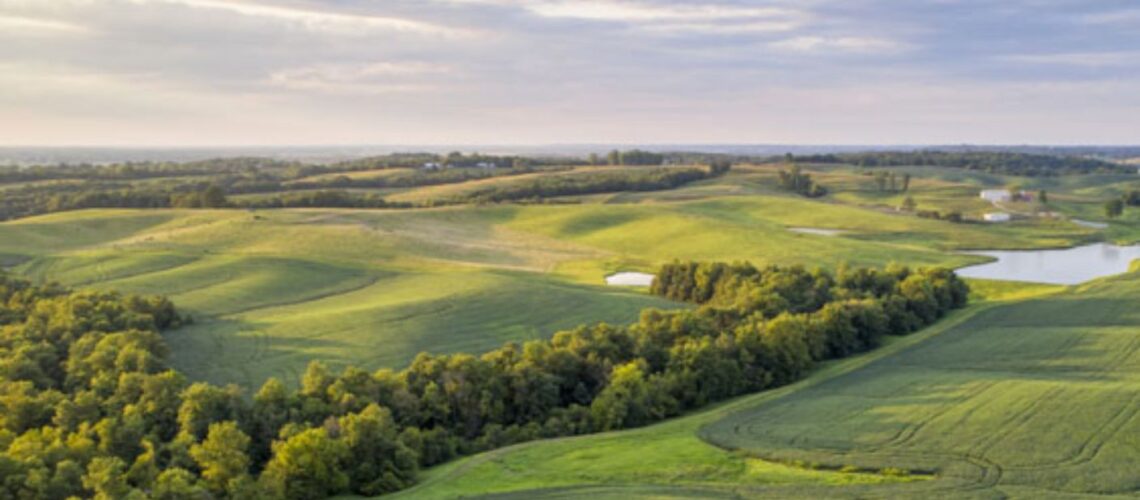 a beautiful landscape with fields, trees, and a pond