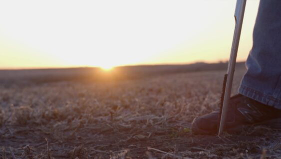 A farmer doing a soil test at sunset.