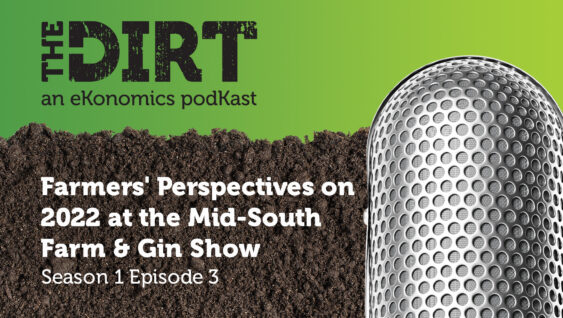Promotional image for The Dirt PodKast featuring a microphone, with text 'Farmers' Perspectives on 2022 at the Mid-South Farm & Gin Show, Season 1 Episode 3'