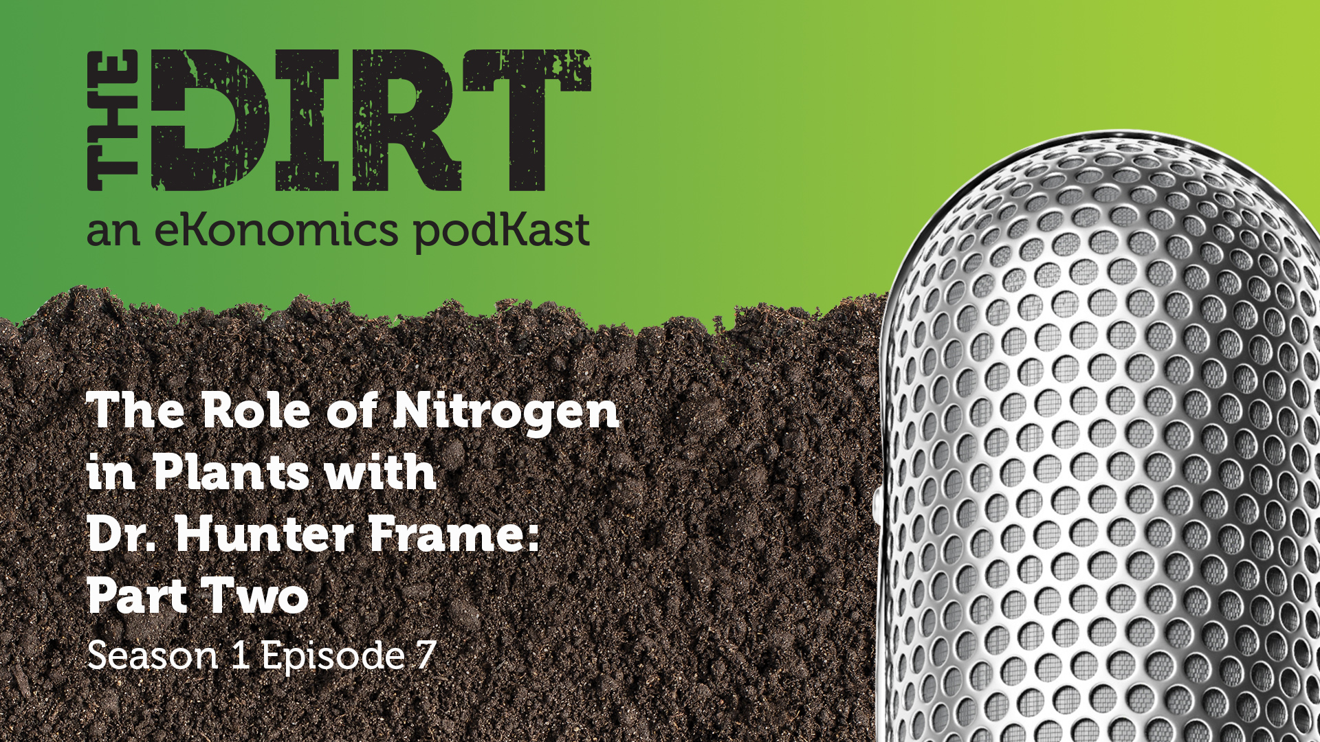 Promotional image for The Dirt PodKast featuring a microphone, with text 'The Role of Nitrogen in Plants, Season 1 Episode 7'