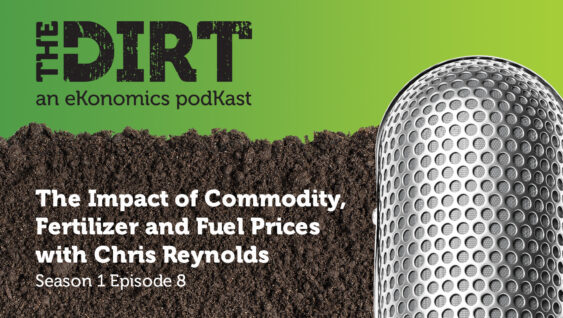 Promotional image for The Dirt PodKast featuring a microphone, with text 'The Impact of Commodity, Fertilizer and Fuel Prices, Season 1 Episode 8'