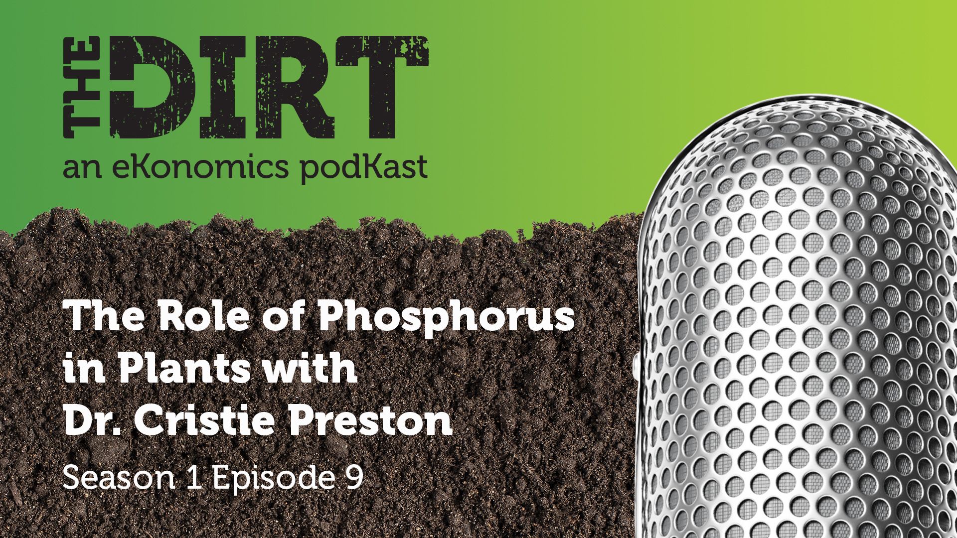 Promotional image for The Dirt PodKast featuring a microphone, with text 'The Role of Phosphorus in Plants, Season 1 Episode 9'
