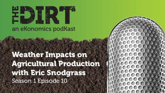 Promotional image for The Dirt PodKast featuring a microphone, with text 'Weather Impacts on Agricultural Production, Season 1 Episode 10'
