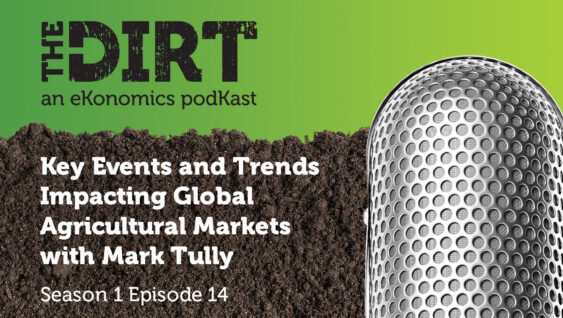 Promotional image for The Dirt PodKast featuring a microphone, with text 'Key Events and Trends Impacting Global Agricultural Markets, Season 1 Episode 14'