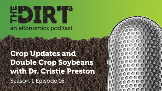 Promotional image for The Dirt PodKast featuring a microphone, with text 'Crop Updates and Double Crop Soybeans, Season 1 Episode 16'