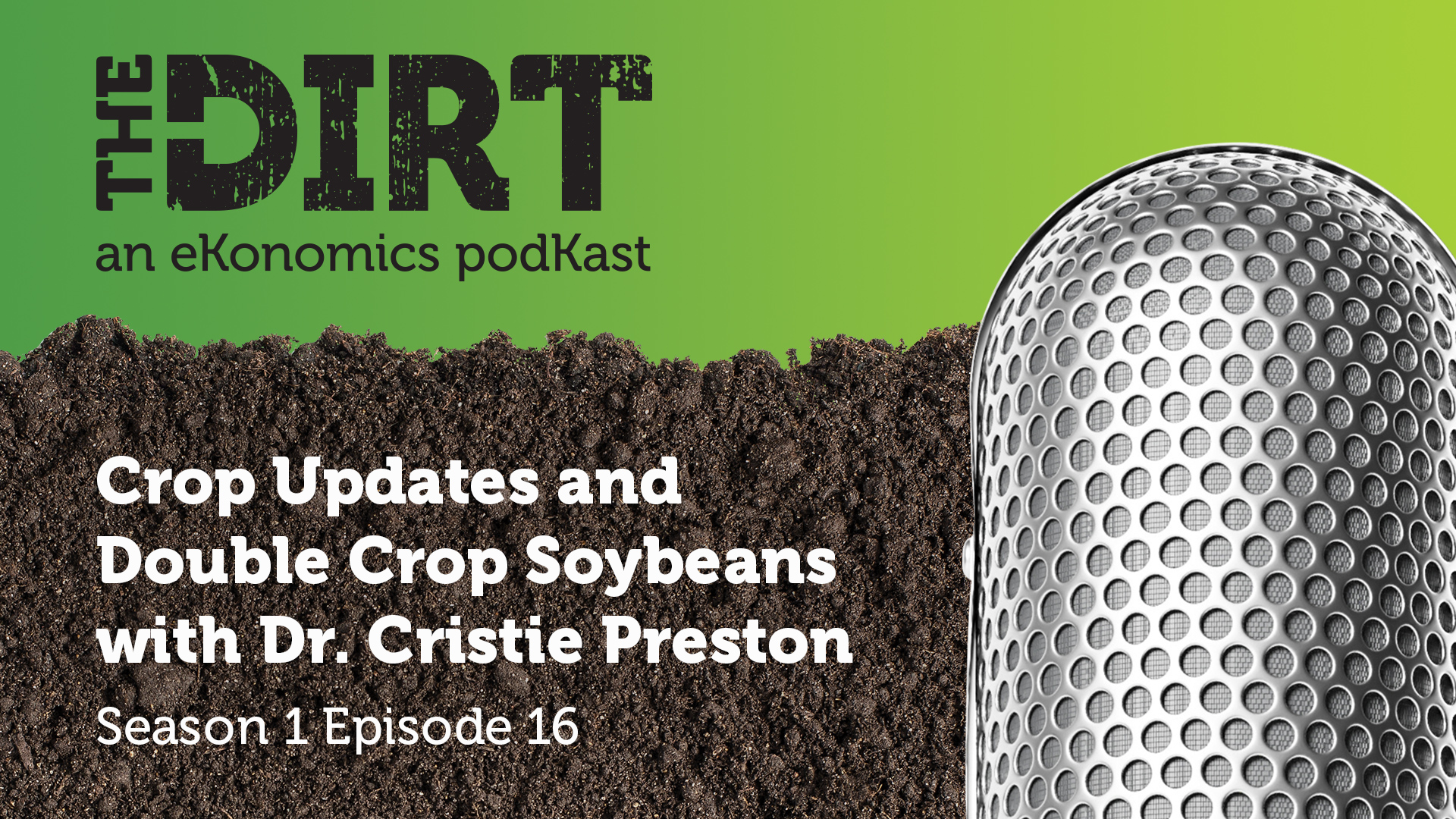 Promotional image for The Dirt PodKast featuring a microphone, with text 'Crop Updates and Double Crop Soybeans, Season 1 Episode 16'