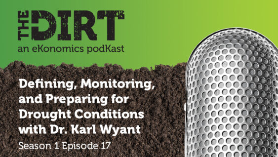 Promotional image for The Dirt PodKast featuring a microphone, with text 'Defining, Monitoring, and Preparing for Drought Conditions, Season 1 Episode 17'