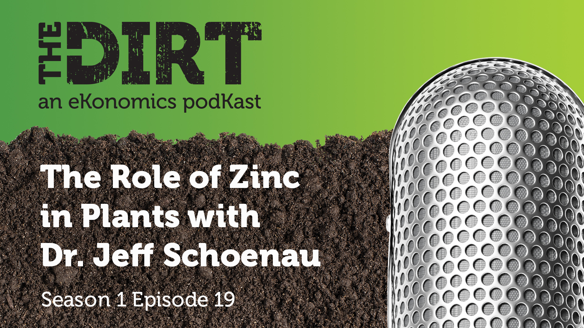 Promotional image for The Dirt PodKast featuring a microphone, with text 'The Role of Zinc in Plants, Season 1 Episode 19'