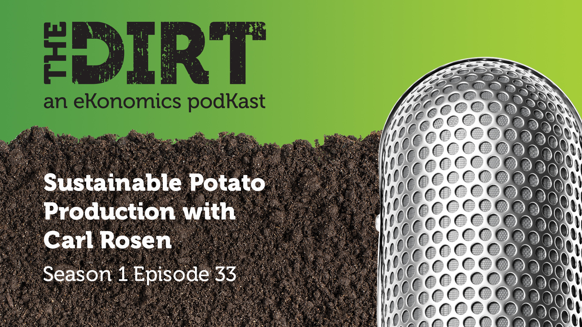 Promotional image for The Dirt PodKast featuring a microphone, with text 'Sustainable Potato Production with Carl Rosen, Season 1 Episode 33'