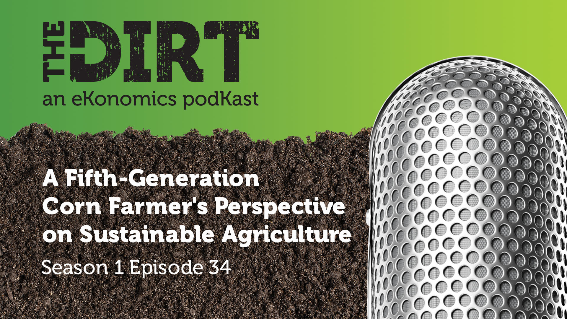 Promotional image for The Dirt PodKast featuring a microphone, with text 'A Fifth-Generation Corn Farmer's Perspective on Sustainable Agriculture, Season 1 Episode 34'