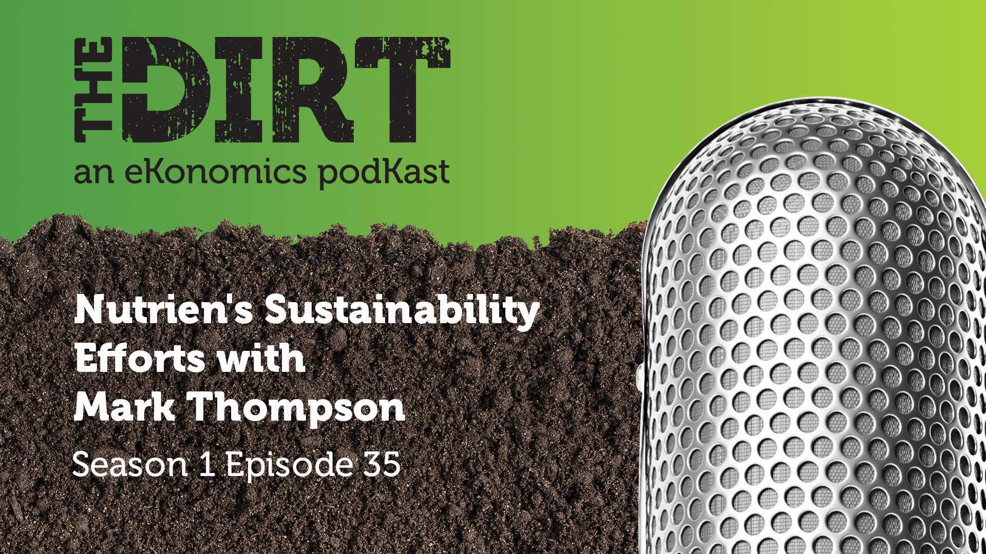Promotional image for The Dirt PodKast featuring a microphone, with text 'Nutrien's Sustainability Efforts with Mark Thompson, Season 1 Episode 35'