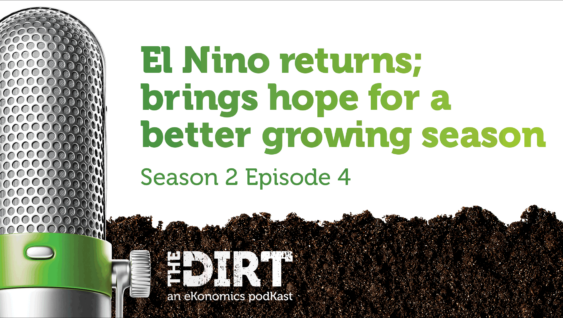 Promotional image for The Dirt PodKast featuring a microphone, with text 'El Nino returns; brings hope for a better growing season, Season 2 Episode 4'