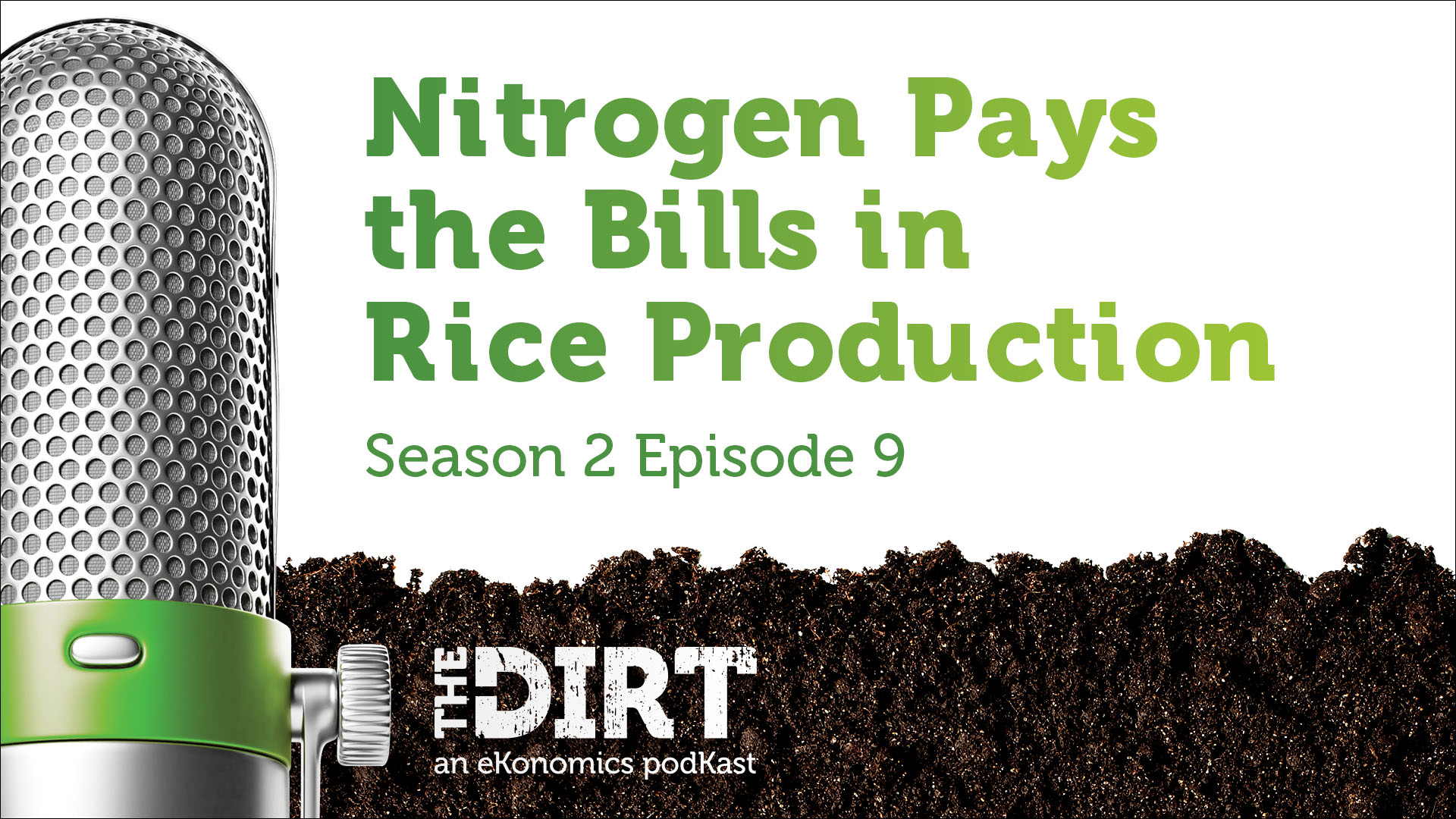 Promotional image for The Dirt PodKast featuring a microphone, with text 'Nitrogen Pays the Bills in Rice Production, Season 2 Episode 9'