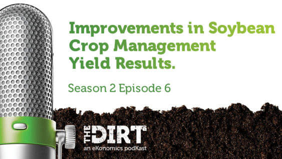 Promotional image for The Dirt PodKast featuring a microphone, with text 'Improvements in Soybean Crop Management Yield Results, Season 2 Episode 6'
