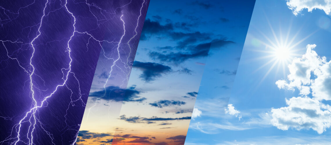 Weather forecast concept, climate change background, collage of sky image with variety weather conditions - bright sun and blue sky, dark stormy sky with lightnings, glowing sunset.
