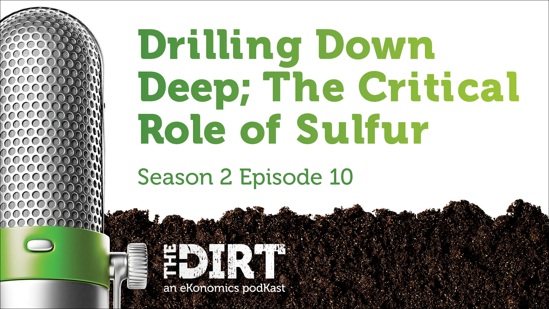 Promotional image for The Dirt PodKast featuring a microphone, with text 'Drilling Down Deep; The Critical Role of Sulfur, Season 2 Episode 10'