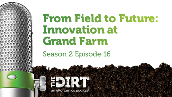 Promotional image for The Dirt PodKast featuring a microphone, with text 'From Field to Future: Innovation at Grand Farm, Season 2 Episode 16'