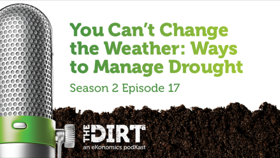 Promotional image for The Dirt PodKast featuring a microphone, with text 'You Can't Change the Weather: Ways to Manage Drought, Season 2 Episode 17'