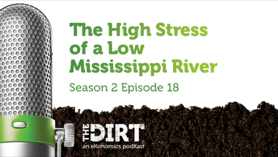 Promotional image for The Dirt PodKast featuring a microphone, with text 'The High Stress of a Low Mississippi River, Season 2 Episode 18'