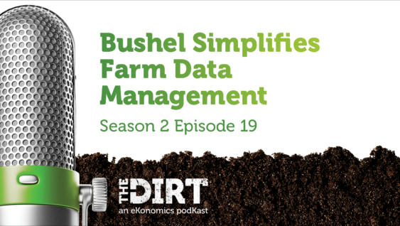 Promotional image for The Dirt PodKast featuring a microphone, with text 'Bushel Simplifies Farm Data Management, Season 2 Episode 19'