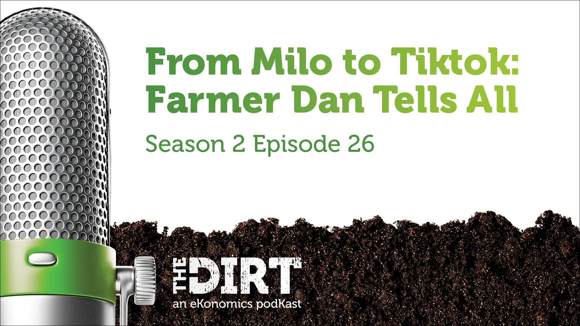 Promotional image for The Dirt PodKast featuring a microphone, with text 'From Milo to Tiktok: Farmer Dan Tells All, Season 2 Episode 26'