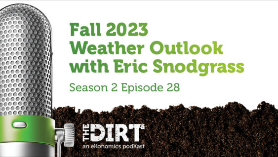 Promotional image for The Dirt PodKast featuring a microphone, with text 'Fall 2023 Weather Outlook with Eric Snodgrass, Season 2 Episode 28'