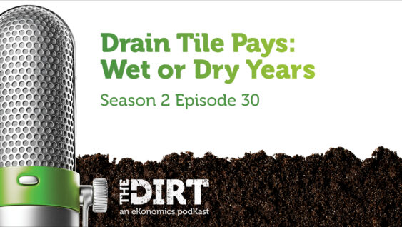 Promotional image for The Dirt PodKast featuring a microphone, with text 'Drain Tile Pays: Wet or Dry Years, Season 2 Episode 30'