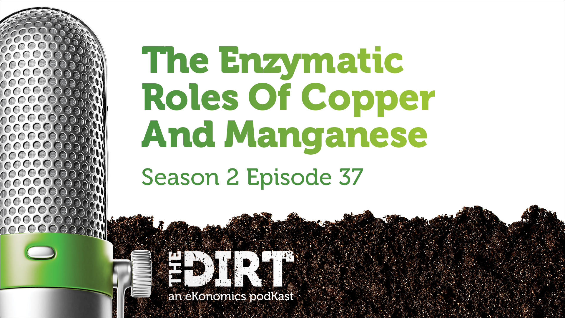 Promotional image for The Dirt PodKast featuring a microphone, with text 'The Enzymatic Roles of Copper and Manganese, Season 2 Episode 37'