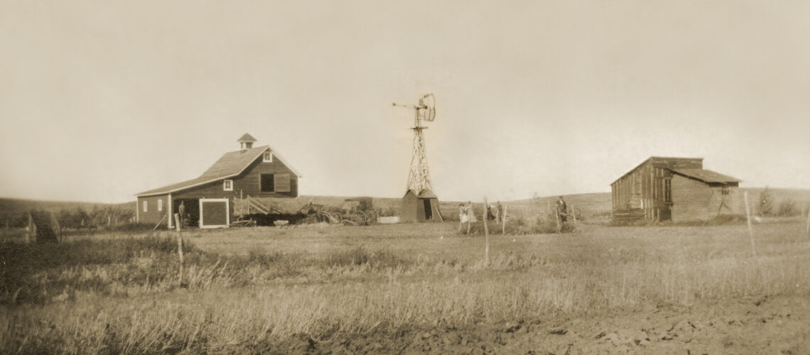 Antique photograph of homestead farmyard. Original antique photograph snapshot of the farmyard on a homestead in North Dakota. Taken circa 1899.