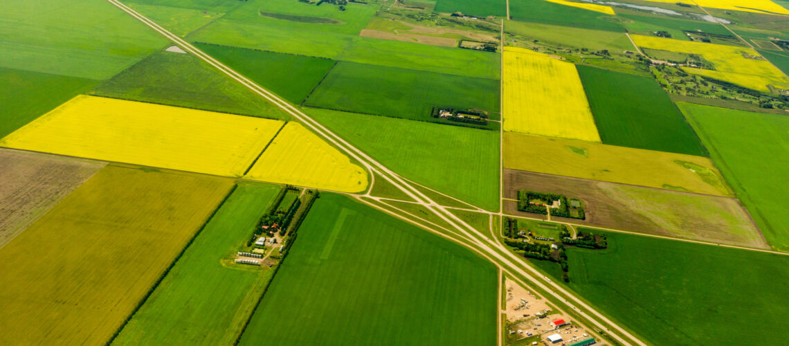 aerial view of saskatchewan farms growing wheat and canola