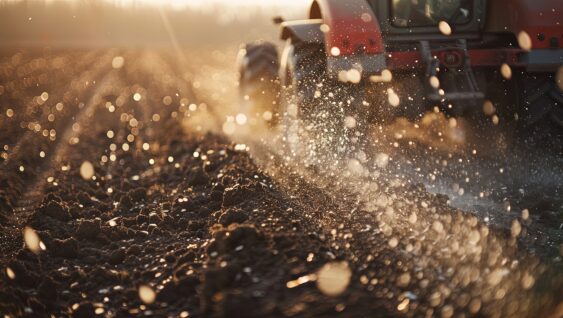 Close-up of a farmer broadcasting fertilizer granules onto agricultural land, ensuring even distribution for optimal crop development.