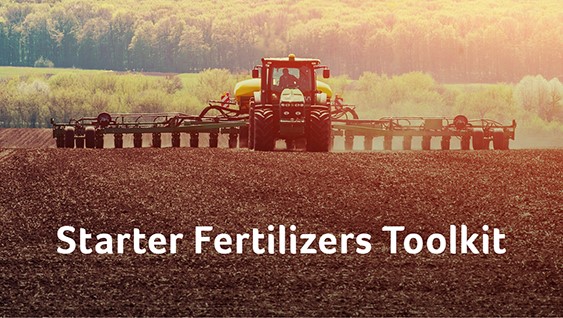A tractor driving through a field with text 'Starter Fertilizers Toolkit'