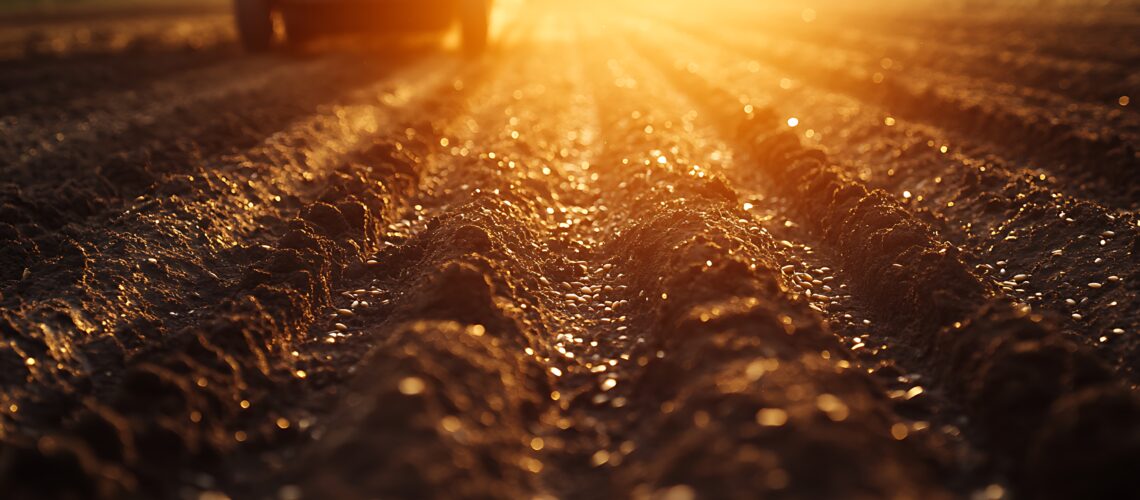 A smart seed planting machine sowing seeds in straight rows, smooth soil surface, detailed seed placements, metallic shine of the machine parts, early morning sun casting soft shadows,