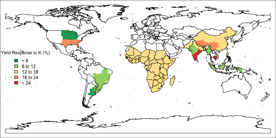 Figure 1. Yield response to potassium (K) fertilizer applications in the main cropping systems of each region. Adapted from Carciochi et al. (2025).