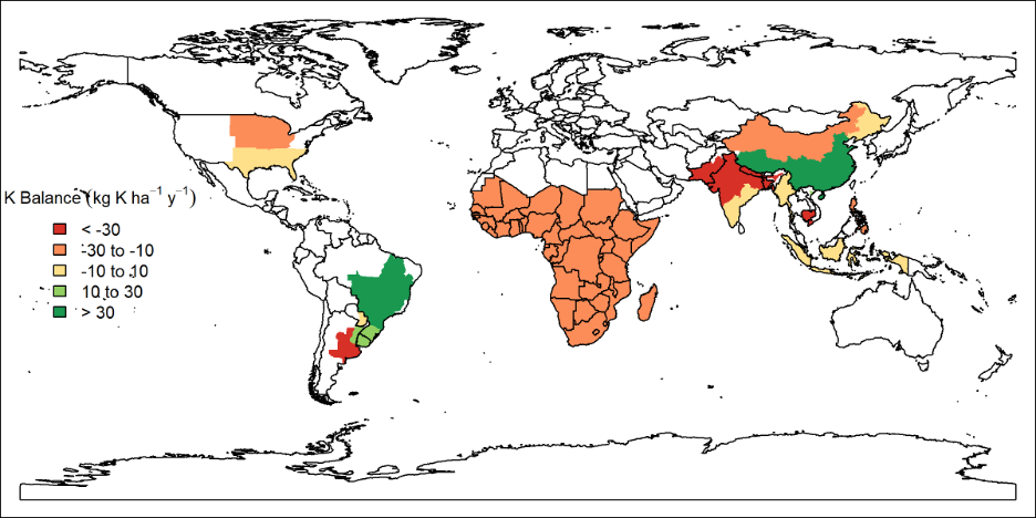 Figure 2. Potassium (K) balances in the main cropping systems of each region. Inputs include inorganic and organic fertilizer and potassium in irrigation water. Outputs include potassium removed from the harvested crop as well as residue removal and burning. Adapted from Carciochi et al. (2025).