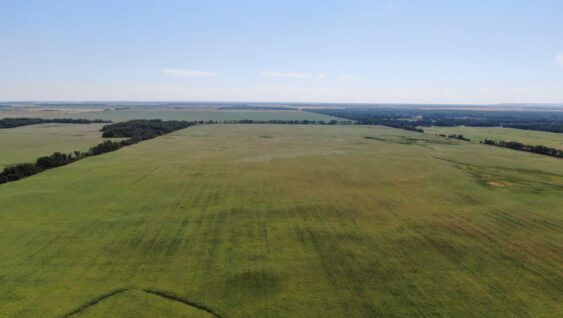 Aerial view of a farm field with visual signs of soil compaction from the movement of equipment passing over the soil.