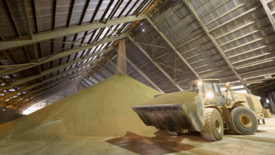 A front-end loader moving a large pile of phosphate fertilizer granules inside a Nutrien storage facility, highlighting the scale and importance of phosphorus in global crop nutrition.